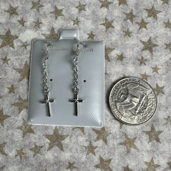 NEW Real Silver Dangling Cross Earrings - Picture 4 of 6